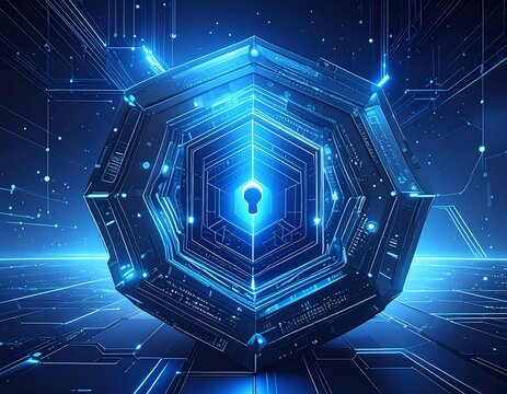 Glowing digital security concept with an illuminated hexagonal shield and keyhole