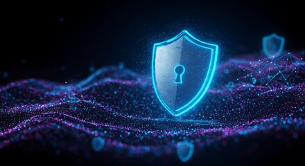 Glowing digital security shield with keyhole and particles floating in abstract digital landscape