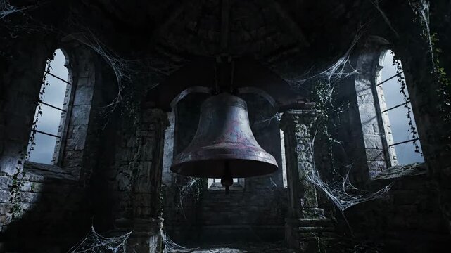 Dramatic view of large bell hanging inside a dark stone structure