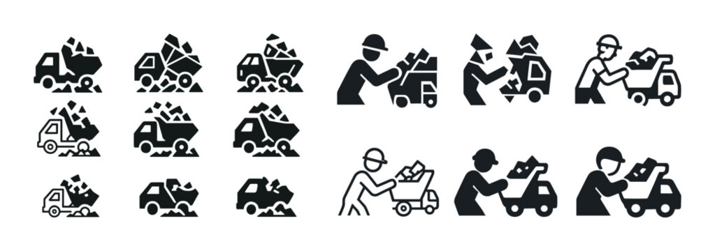 Construction icons: dump trucks and workers in hard hats