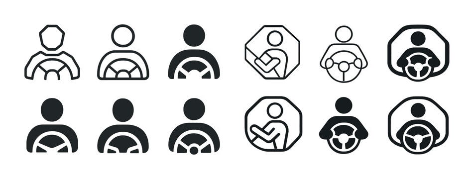 Various icon styles of people driving vehicles