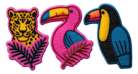 Fototapeta premium Colorful Jungle Animal Patches Featuring Leopard, Flamingo, and Toucan Designs