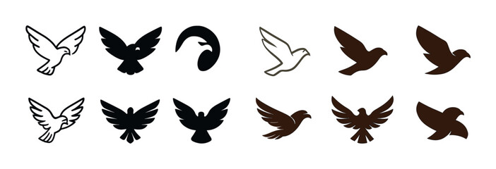 Fototapeta premium Collection of dove silhouettes in various styles and colors