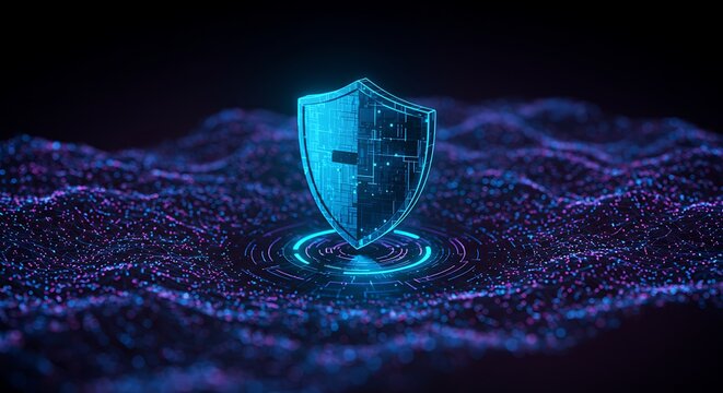 Glowing digital shield over a circular platform, set against a dark, particle-filled background