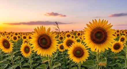 Fototapeta premium Vibrant Field of Sunflowers in Golden Hour Sunlight, A Captivating Summer Landscape