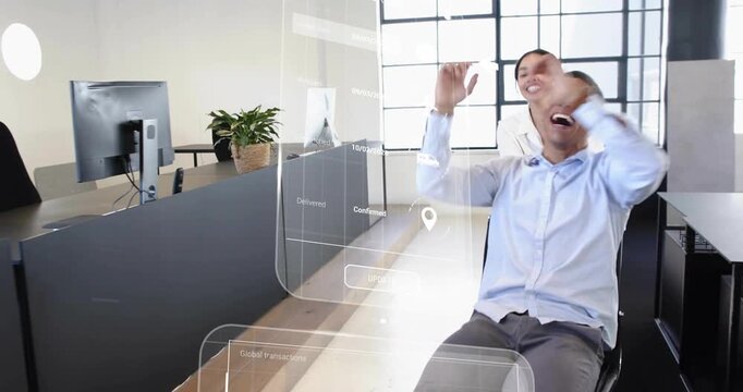 Woman pushing chair, man flailing as UI charts floating around them in business office, playing