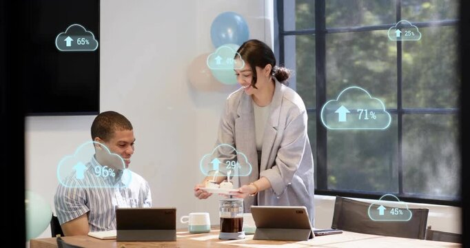 Office worker covering face as woman approaching with cake for milestone, cloud HUD showing percent