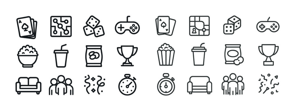 Icon set for games and snacks featuring cards, dice, controllers, drinks, and trophies