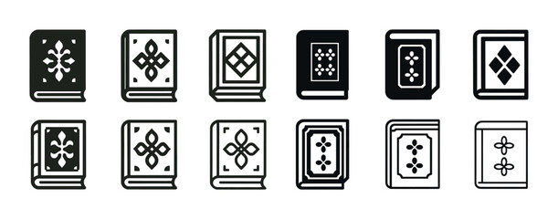 Set of 12 classic decorative book icons in black and white design
