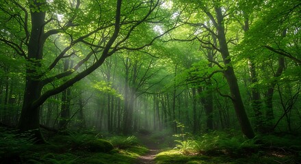 Obraz premium Ethereal sunbeams pierce the verdant canopy of a peaceful, ancient woodland, illuminating a hidden path