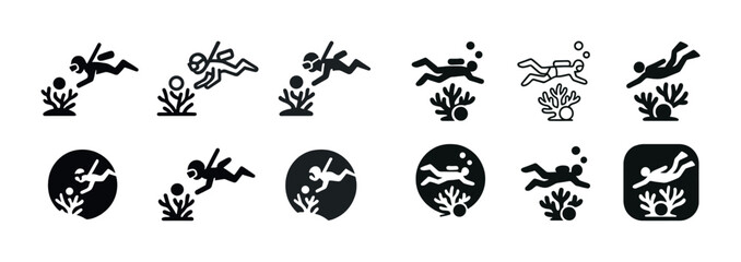 Obraz premium Set of diver icons in various styles with coral reefs