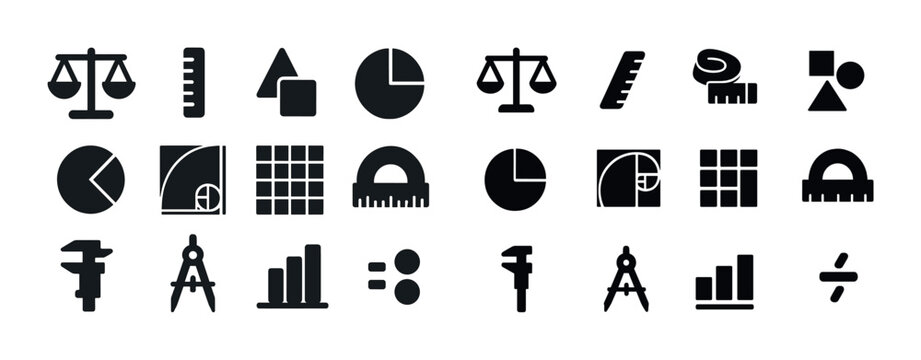 Collection of black geometric and measurement symbols on white background