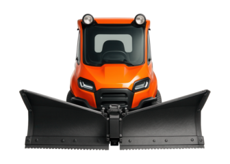 Compact snow removal vehicle featuring a sleek design and foldable plow.