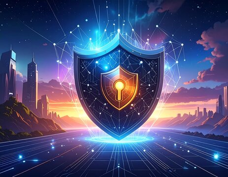 Glowing digital shield over a cityscape at sunset, representing data protection and security - Powered by Adobe