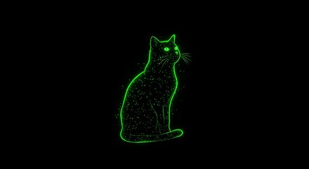 Glowing green cat silhouette, pixelated effect against a stark black backdrop. Its eyes brightly shine
