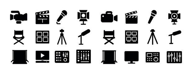 Film and audio equipment icons set: microphone, camera, director's chair, lighting, editing