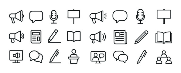 Communication tools and icons: megaphone, microphone, speech bubble, book