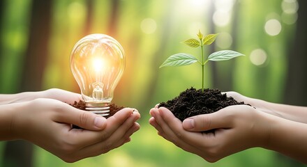 Illuminating a Sustainable Future Hands Nurturing a Bright Light Bulb and a Young Plant, Symbolizing the Synergy of Green Energy and Environmental Growth Towards a Healthier Planet