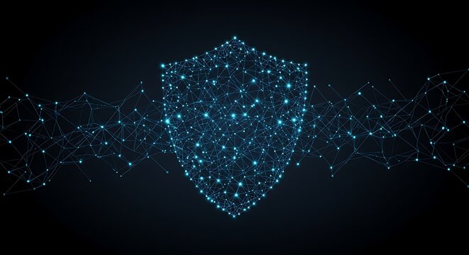 Glowing digital shield shape constructed from interconnected dots and lines, dark background