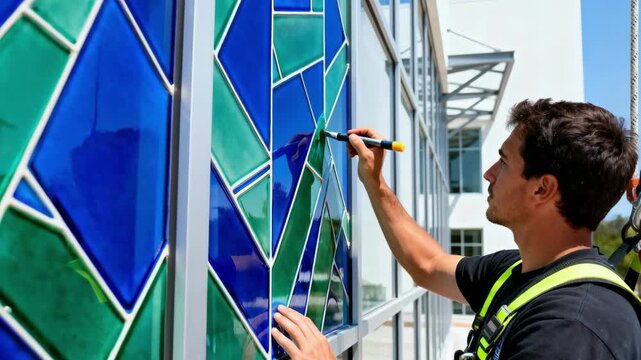Medium shot of a skilled technician applying vibrant ceramic frit patterns on glass panels of a modern university building exterior enhancing its aesthetic appeal.