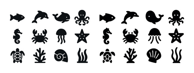 Naklejka premium Silhouette icons of marine life: fish, dolphin, whale, octopus, seahorse, crab, turtle, starfish, shell