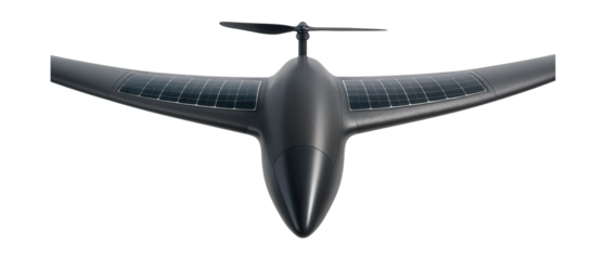 Solar-powered drone with streamlined wings and extended nose for improved aerodynamics.