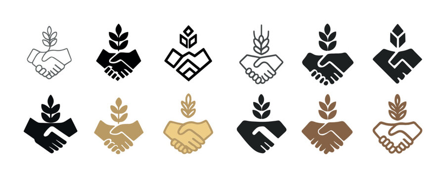 Diverse handshake icons with wheat symbols in black, gold, brown variations