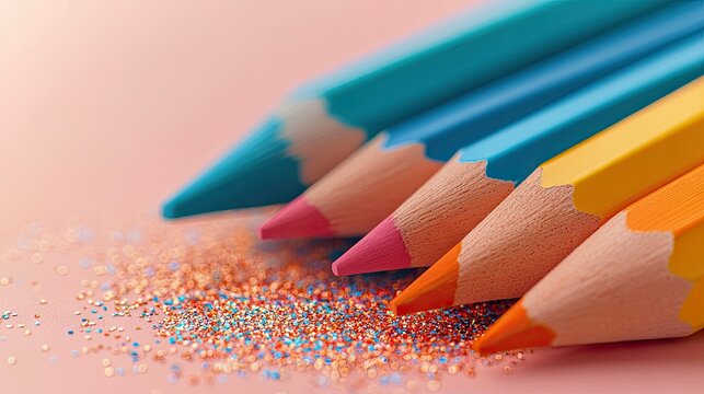 Close-up of four sharpened colored pencils in blue, pink, yellow, and orange, lying on a pink surface with scattered glitter. Soft, warm lighting.