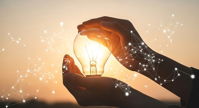 Hands holding a glowing light bulb with digital connections against a vibrant sunset, symbolizing innovation, sustainable energy, and a connected future