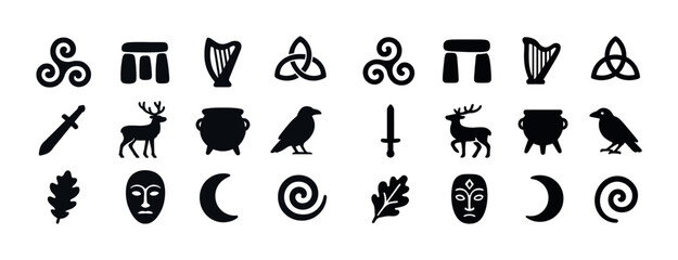 Obraz premium Set of celtic symbols: patterns, animals, and mythical signs collection