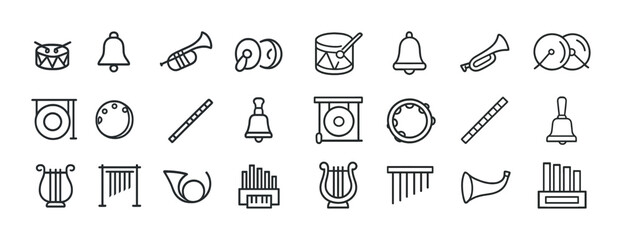 Collection of musical instrument icons including drums, bells, horns, and lyres in line art style