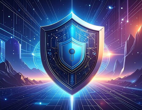Glowing digital shield over a network with a mountain backdrop and a futuristic cityscape