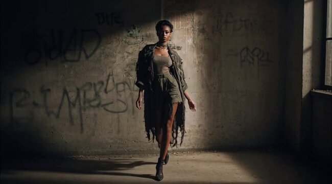 Mulher Estilo Grunge Caminhando em Casa Abandonada R&uacute;stica com Grafites