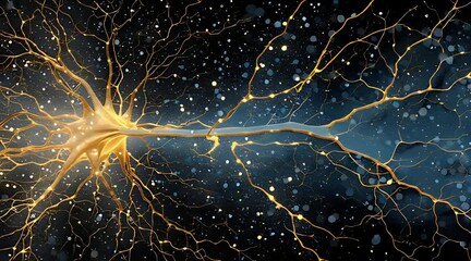 Golden glowing neuron firing electrical impulses in a complex neural network against a dark background - Powered by Adobe