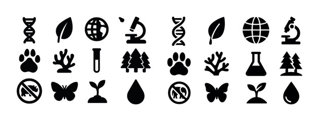 Obraz premium Nature and science icons: dna, microscope, leaf, tree, globe, paw, coral, no, butterfly, seedling