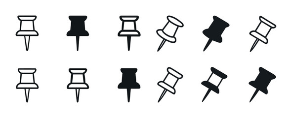 Fototapeta premium Vector set of black and white pushpin icons in various styles and designs