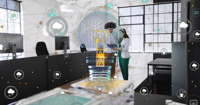 Pair approaching desk woman pointing tablet activating holographic bulb and icons for tech review - Powered by Adobe