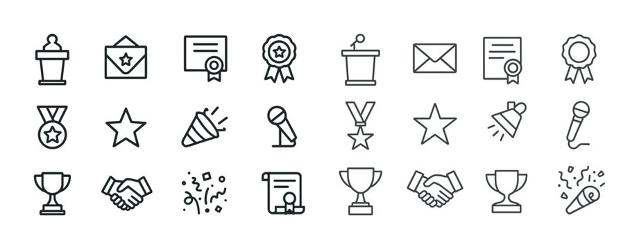 Award and celebration icon set featuring trophies, medals, and certificates