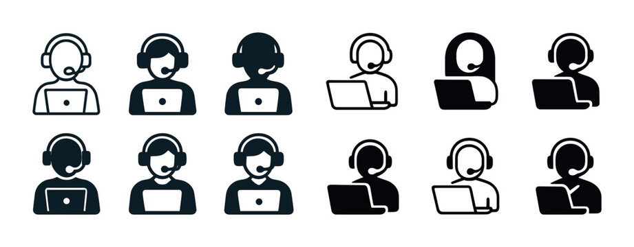 Call center worker icons set with headsets and laptops