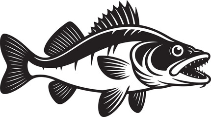 Fototapeta premium Black and white graphic illustration of a predatory fish with sharp teeth open mouth vector