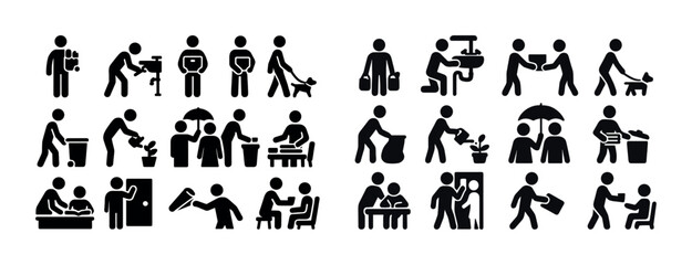 Icon set illustrating everyday activities with people and pets