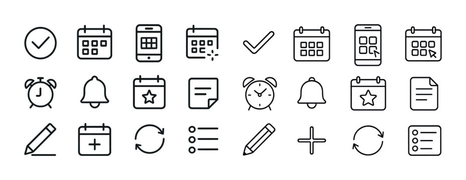 Set of calendar and planning icons including clocks and checkmarks