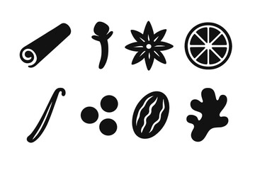 Black Holiday Spices Icons. Holiday spices. Filled icon set of holiday spices: cinnamon stick, clove, star