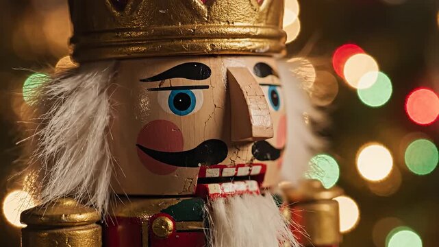 Close-up of a vintage wooden nutcracker with festive bokeh lights