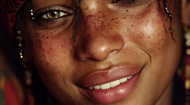 Closeup do rosto de linda mulher sorridente expressando felicidade