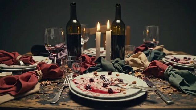 After dinner table setting with wine glasses and empty plates food scraps and candles light scene