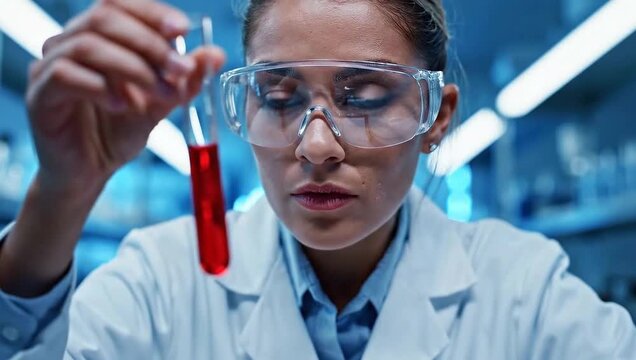 Woman scientist analyzing blood sample in lab research for medical breakthrough discovery work 100