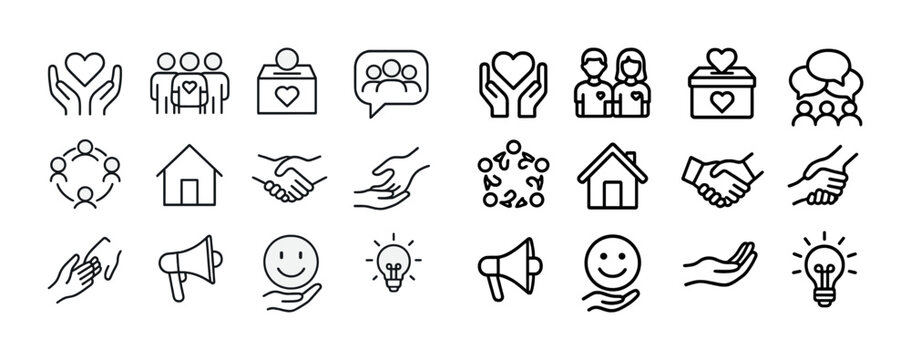 Collection of community and support icons: heart, helping hands, teamwork, communication symbols