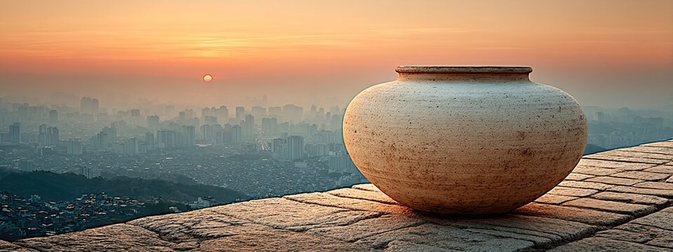 a large ceramic vase sitting on a rooftop overlooking a city skyline during sunset