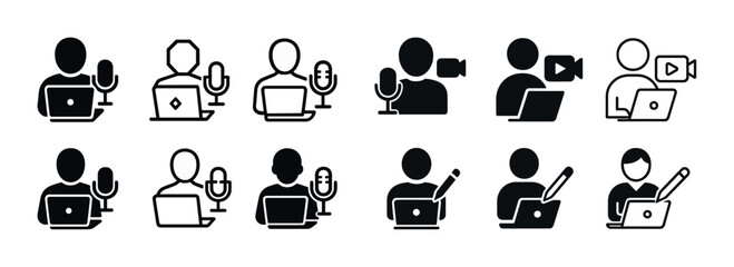 Podcast and vlog icons set: microphone, laptop, camera symbols